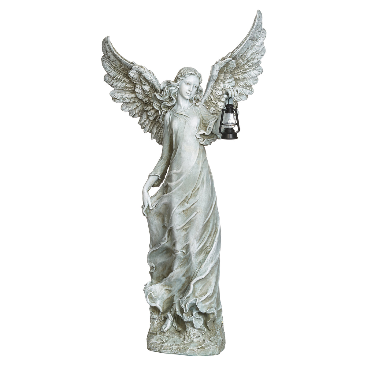 Front view of Joseph's Studio Solar Angel Holding Lantern showing the angel's raised wings, flowing gown, and hanging lantern