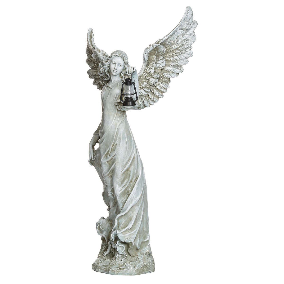 Front angled view of Joseph's Studio Solar Angel Holding Lantern showing the lantern, sculpted robe folds, and detailed feathered wings
