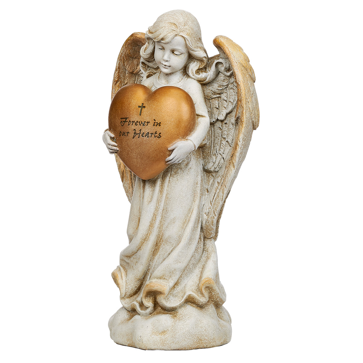 Front angled view of Joseph's Studio Memorial Angel with Gold Heart Garden Statue showing the gold memorial heart, bowed head, flowing gown, and detailed wings