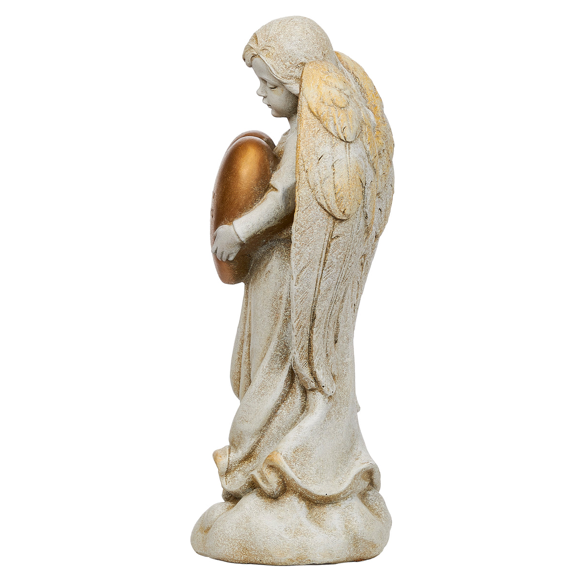 Side view of Joseph's Studio Memorial Angel with Gold Heart Garden Statue showing the angel holding the gold heart against her chest