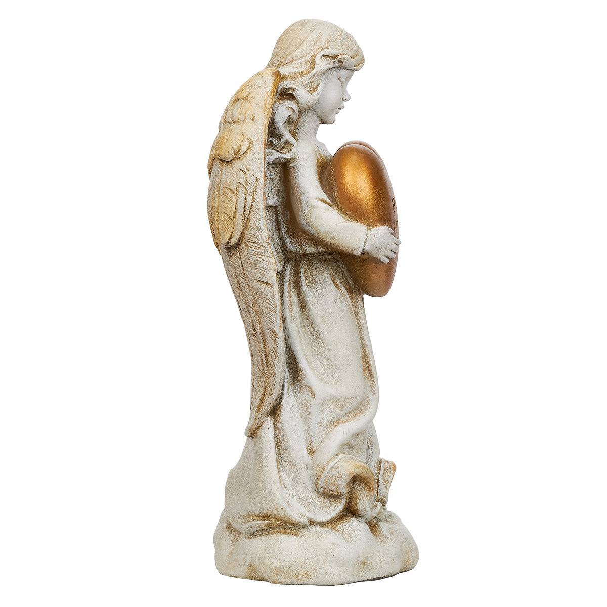 Opposite side view of Joseph's Studio Memorial Angel with Gold Heart Garden Statue showing the gold heart, bowed pose, and wing detail