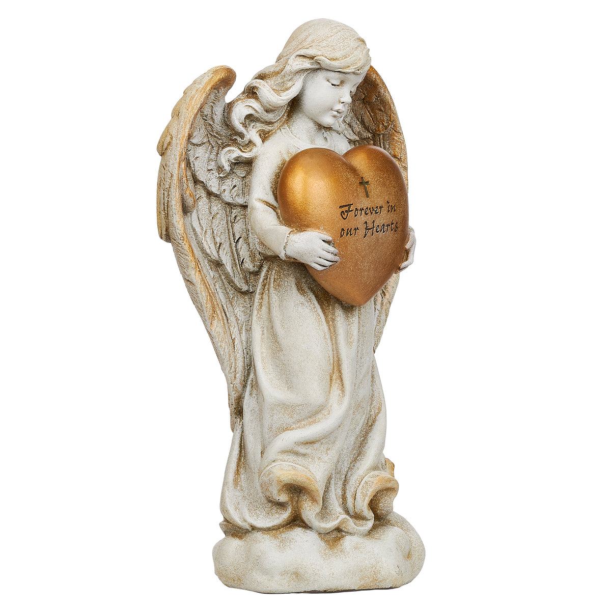 Alternate front angled view of Joseph's Studio Memorial Angel with Gold Heart Garden Statue highlighting the "Forever in our hearts" inscription and sculpted wings