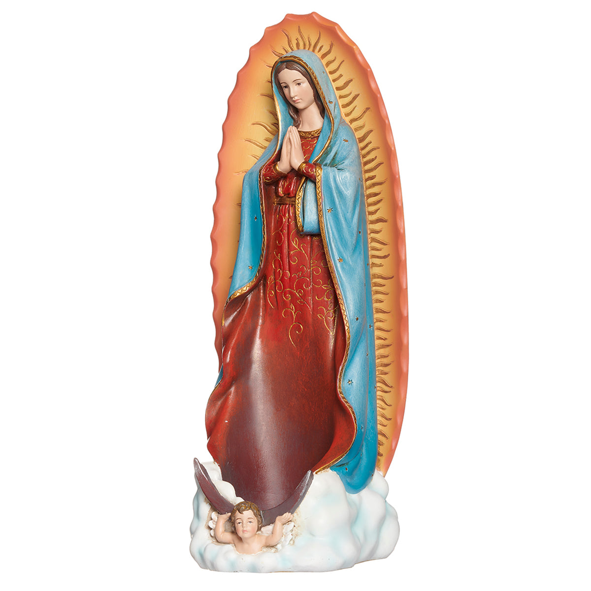 Front view of Joseph's Studio Our Lady of Guadalupe Figure showing Mary with folded hands, radiant gold mantle, and richly colored robes