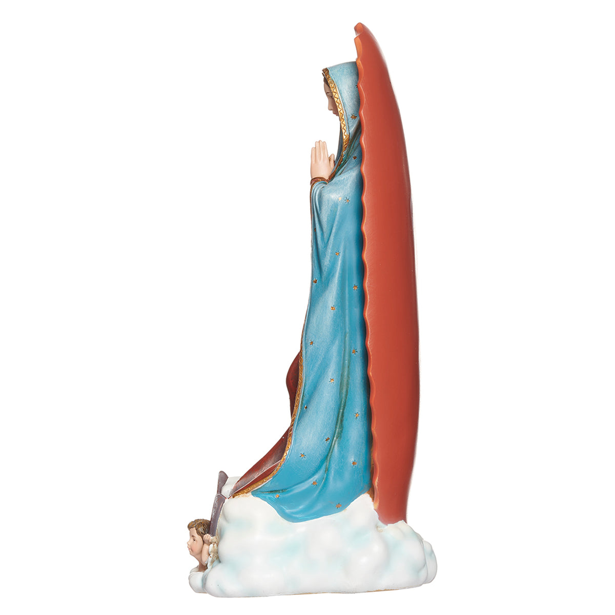 Opposite side view of Joseph's Studio Our Lady of Guadalupe Candle Holder showing the layered red and turquoise garments and cloud base