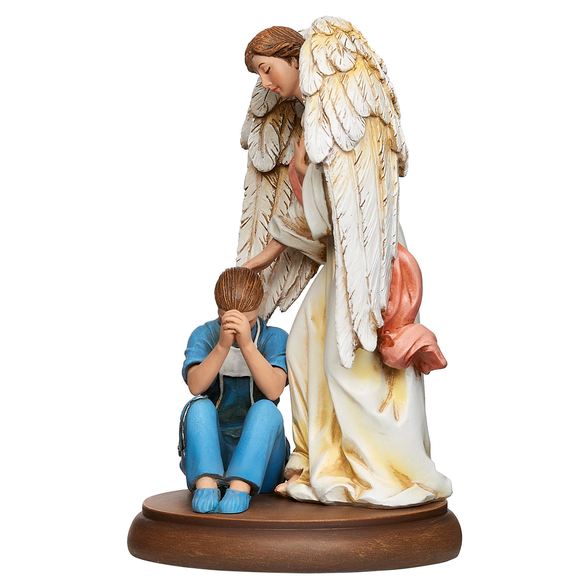 Side view of Joseph's Studio Healthcare Guardian Angel Figure showing the seated nurse in blue scrubs beside the standing angel with large feathered wings