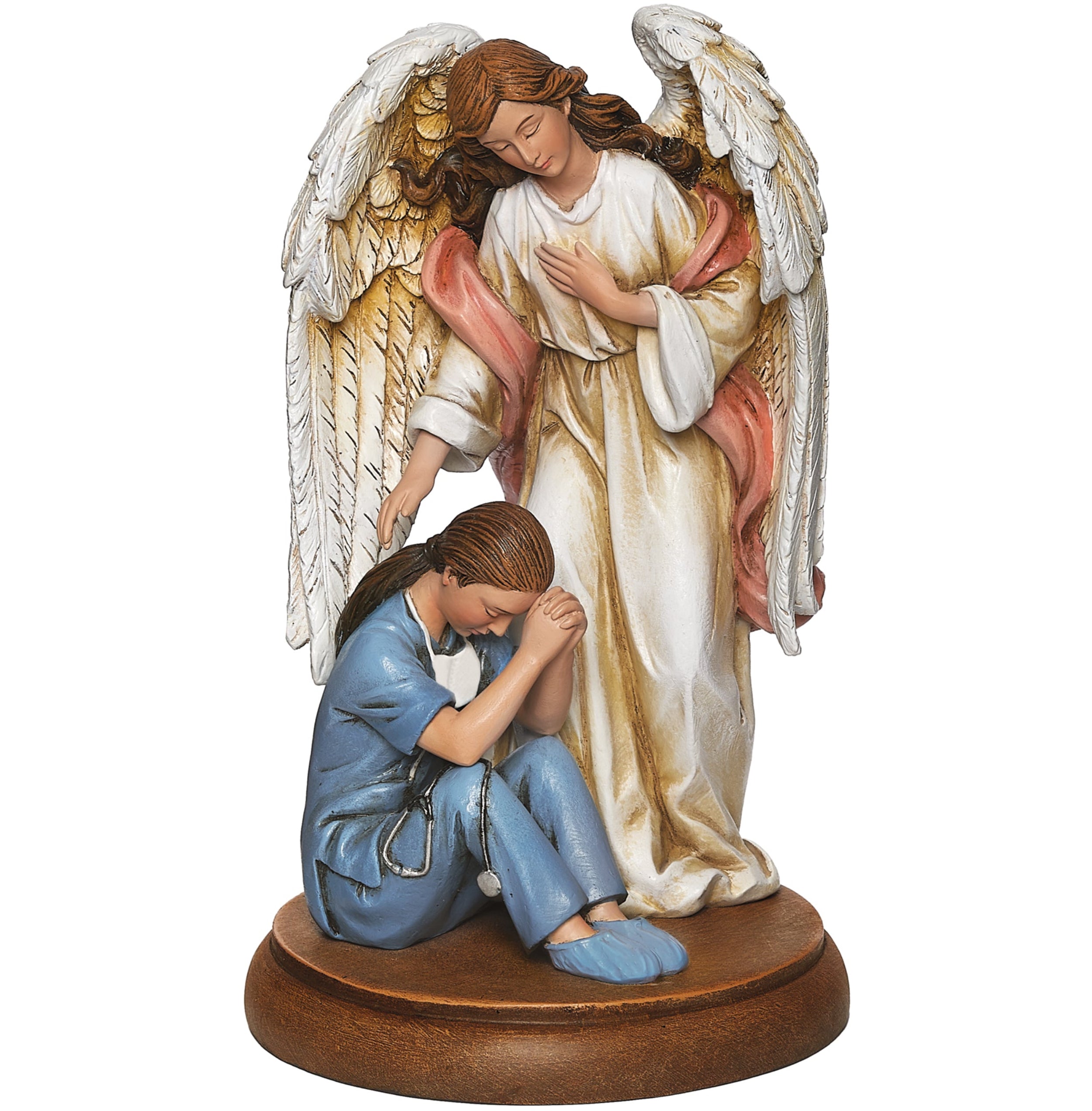 Statue of an angel comforting a person on a white background
