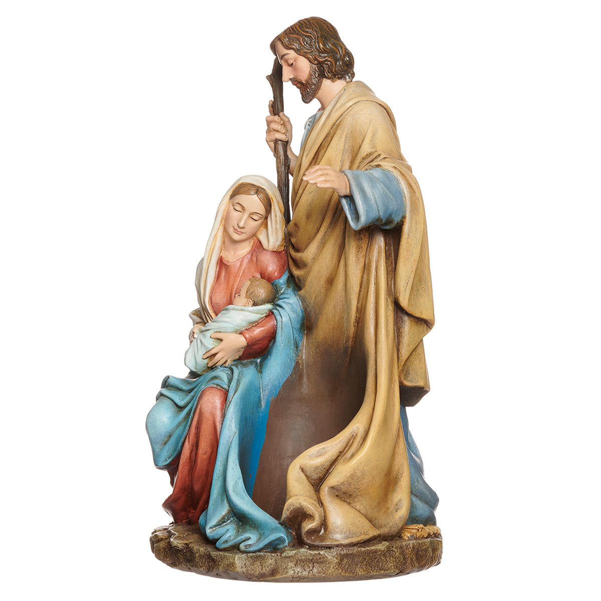 Side view of Joseph's Studio Holy Family Candle Holder showing Mary seated with the infant Jesus beside Joseph and the candle opening