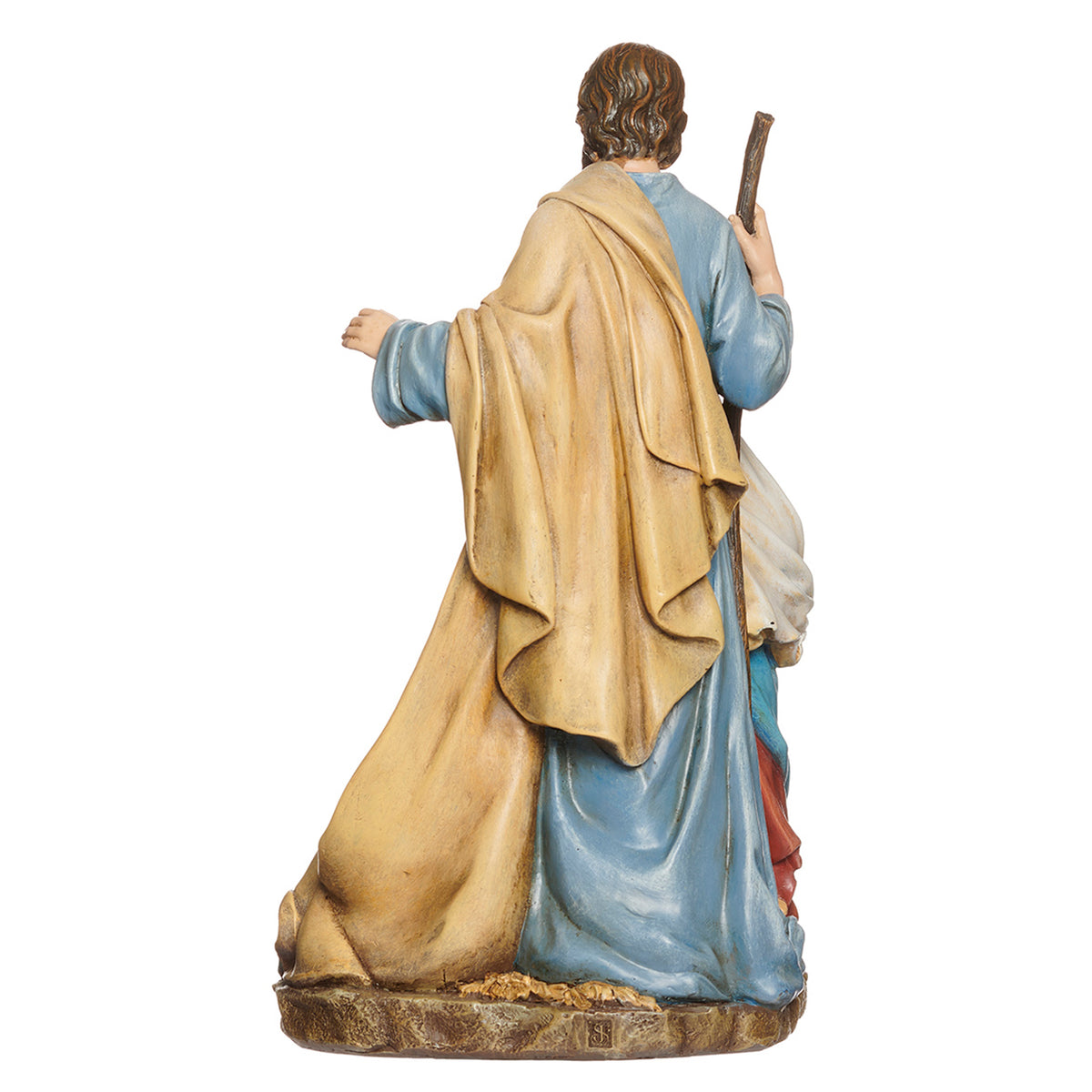 Back view of Joseph's Studio Holy Family Candle Holder showing the draped robes of Mary and Joseph and the sculpted resin finish
