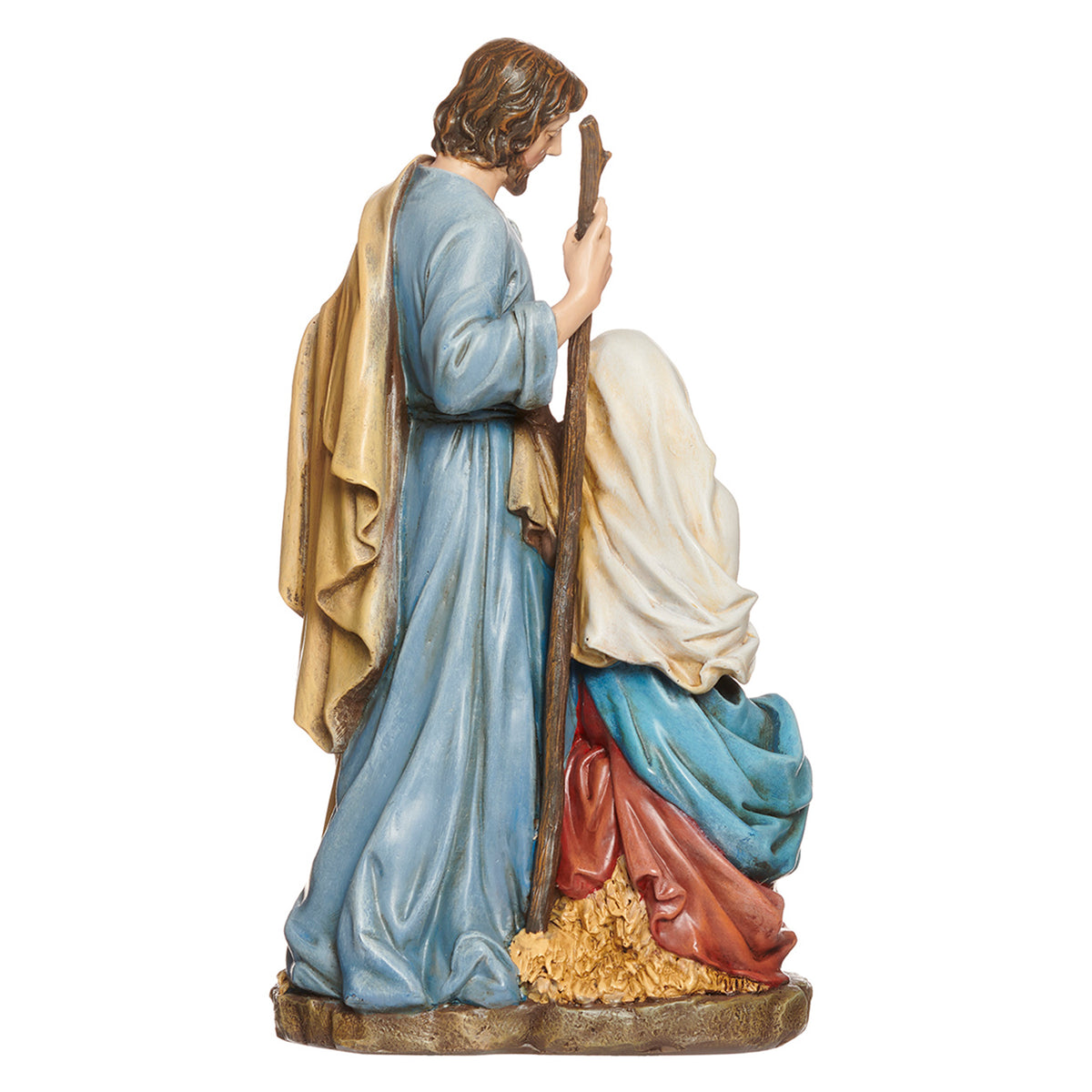 Opposite side view of Joseph's Studio Holy Family Candle Holder showing Joseph behind Mary and baby Jesus with layered robe details