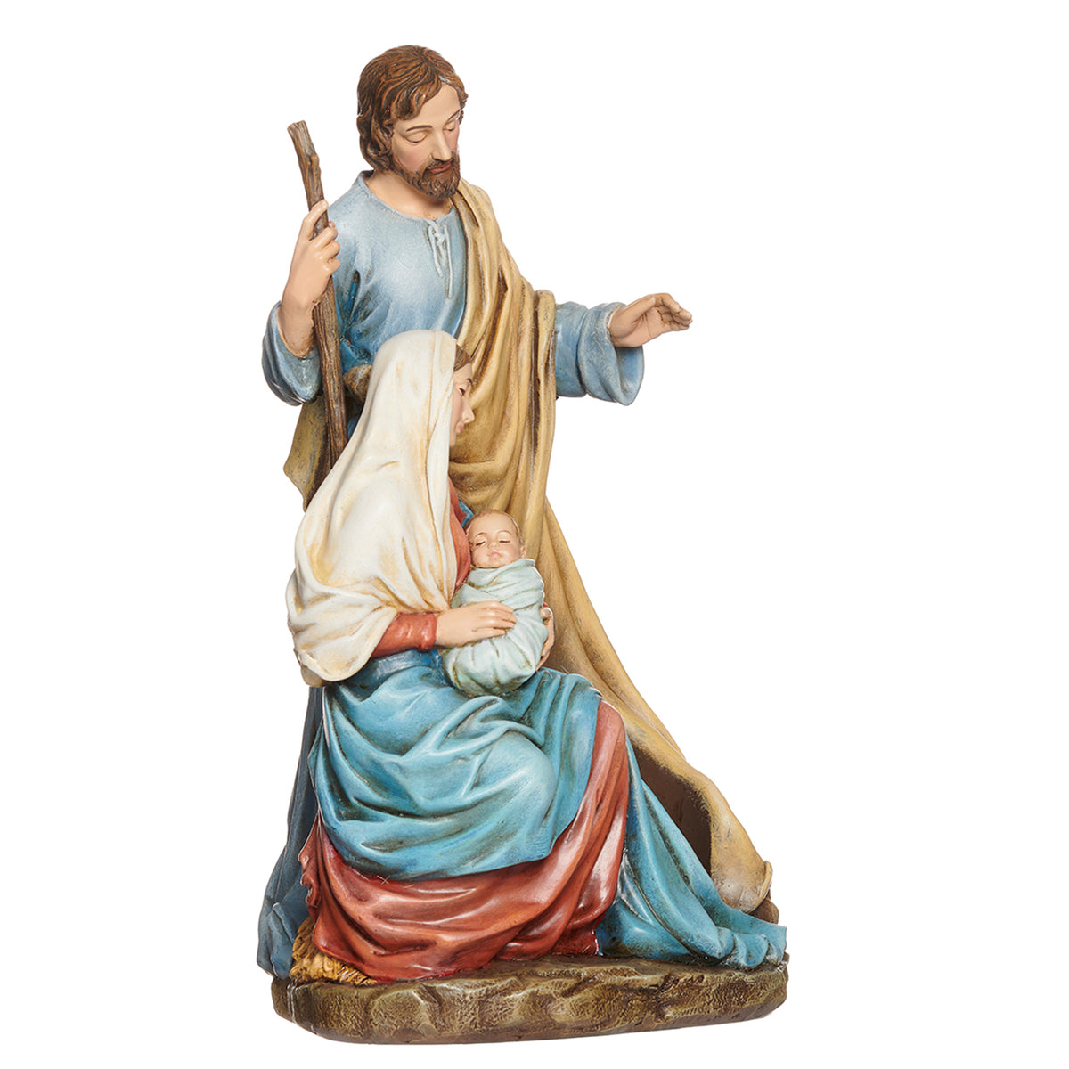 Side view of Joseph's Studio Holy Family Candle Holder showing Mary seated with the infant Jesus beside Joseph and the candle opening