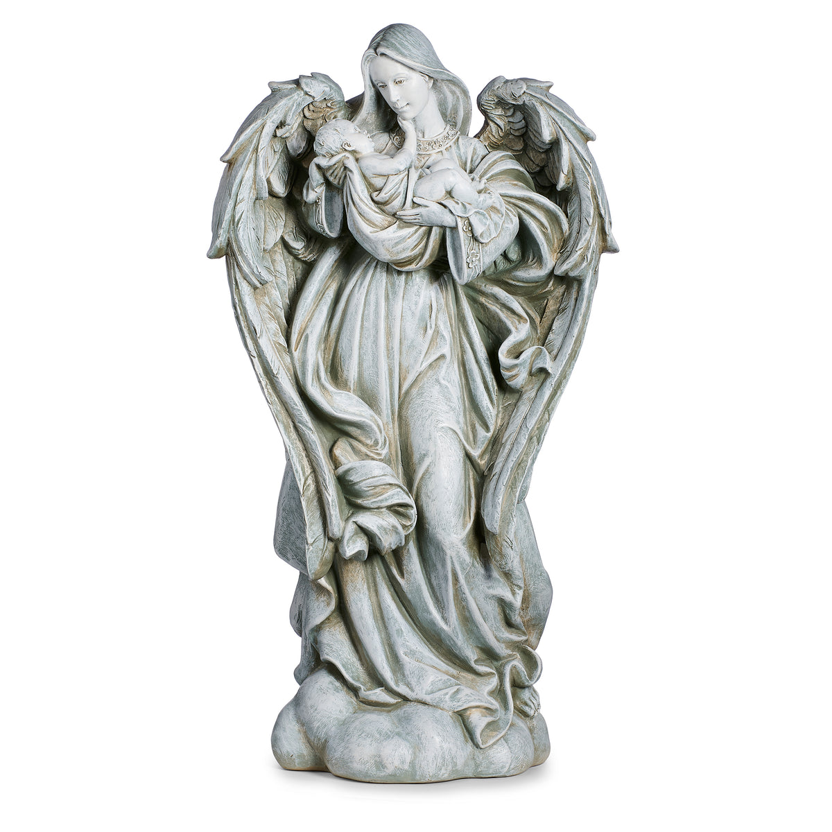Front angled view of Joseph's Studio Angel Cradling Baby Garden Statue showing the infant cradled in the angel's arms and the surrounding feathered wings
