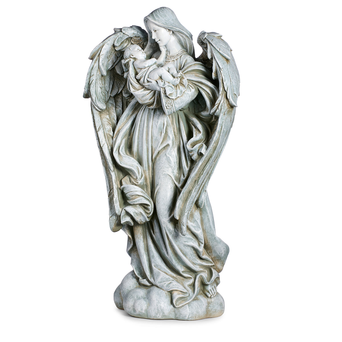 Front view of Joseph's Studio Angel Cradling Baby Garden Statue showing the angel holding the sleeping baby against her flowing gown