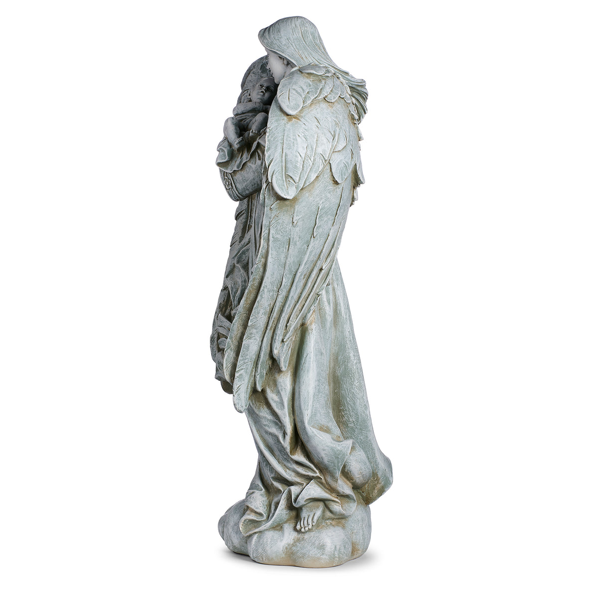 Side view of Joseph's Studio Angel Cradling Baby Garden Statue showing the infant, draped robes, and curved wing profile