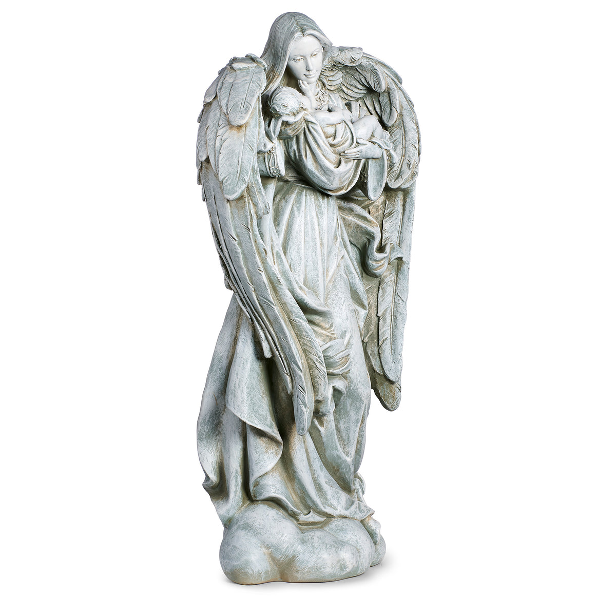 Alternate front angled view of Joseph's Studio Angel Cradling Baby Garden Statue highlighting the sleeping infant, protective wings, and cloud-like base