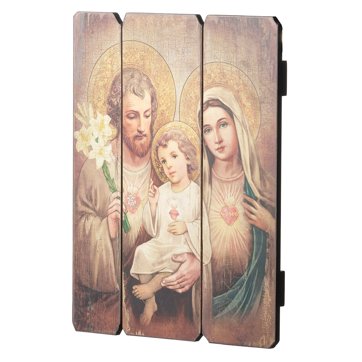 Opposite angled view of Joseph's Studio Holy Family Decorative Panel showing the Holy Family artwork across the rustic vertical panels