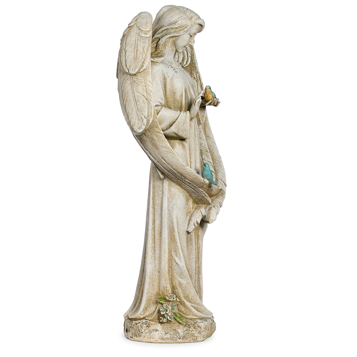 Side view of Joseph's Studio Angel with Two Bluebirds Garden Statue showing the angel holding a bluebird with another bird resting near her side