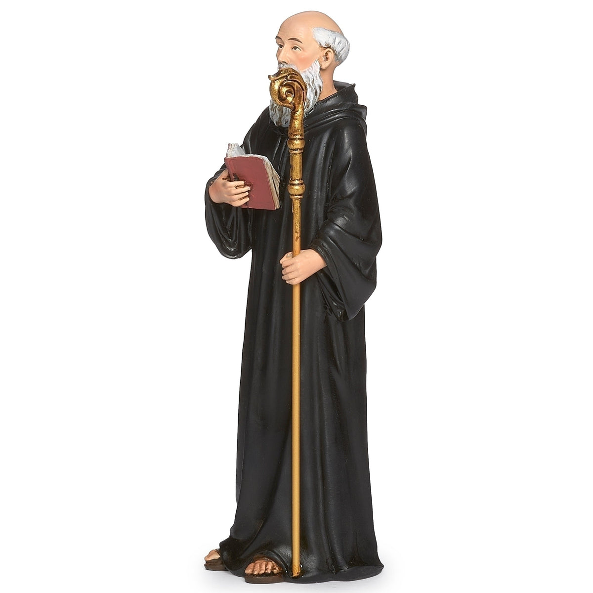 Front angled view of St. Benedict Renaissance Collection Figure showing the black robes, red book, staff, and detailed facial features