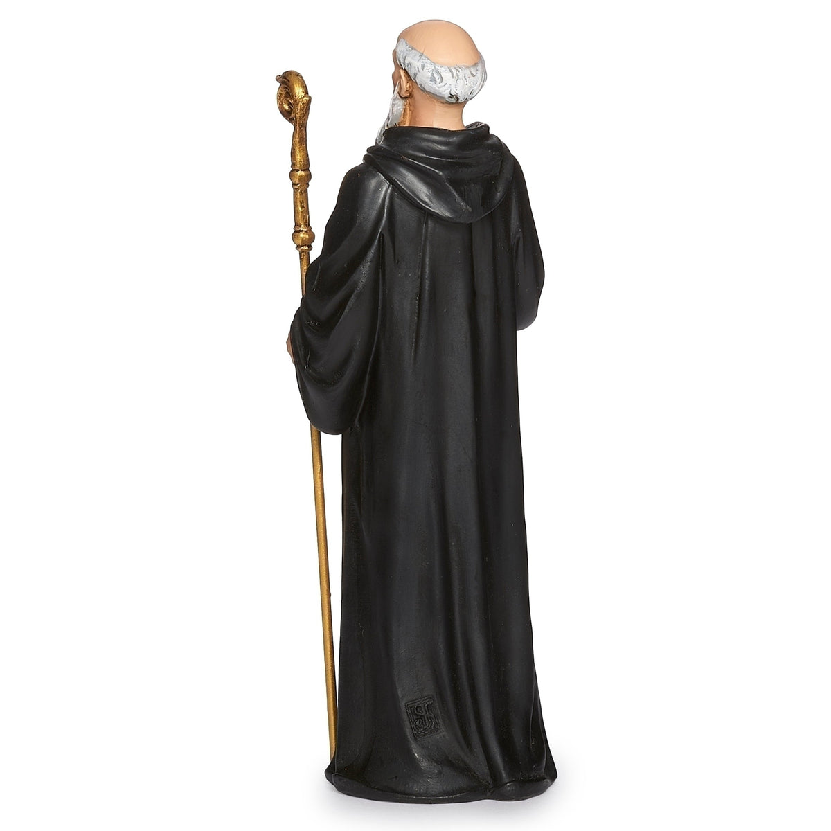 Back view of St. Benedict Renaissance Collection Figure showing the long black monastic robe and sculpted folds