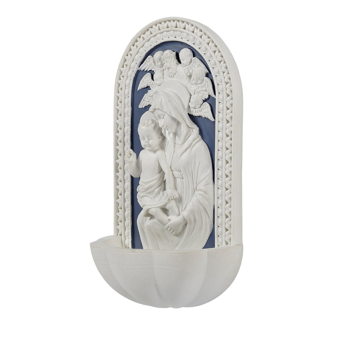 Front angled view of Madonna & Child Water Font showing the arched relief, blue background, and curved holy water basin