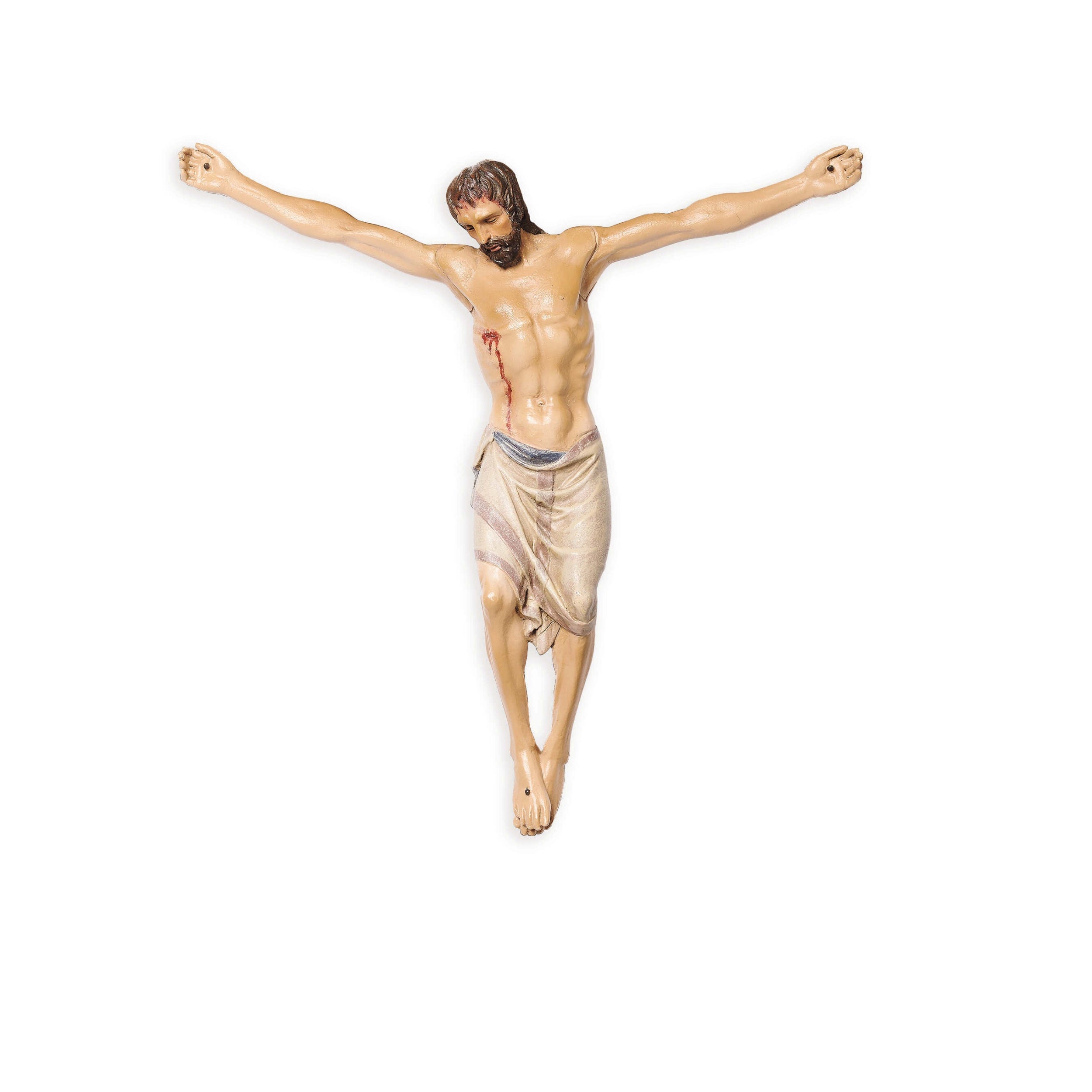 Statue of a crucified figure on a white background