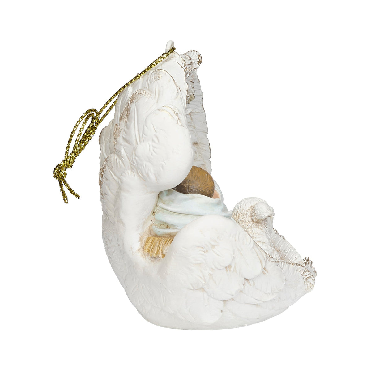 Side view of Joseph's Studio Christ Child Sleeping in Wings Ornament showing the layered white wings, sleeping Christ Child, and gold hanging cord