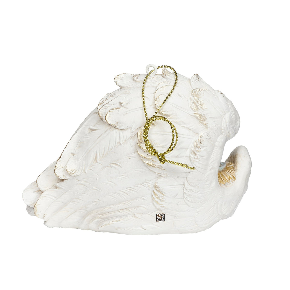 Back view of Joseph's Studio Christ Child Sleeping in Wings Ornament showing the sculpted white feathered wings and gold hanging loop