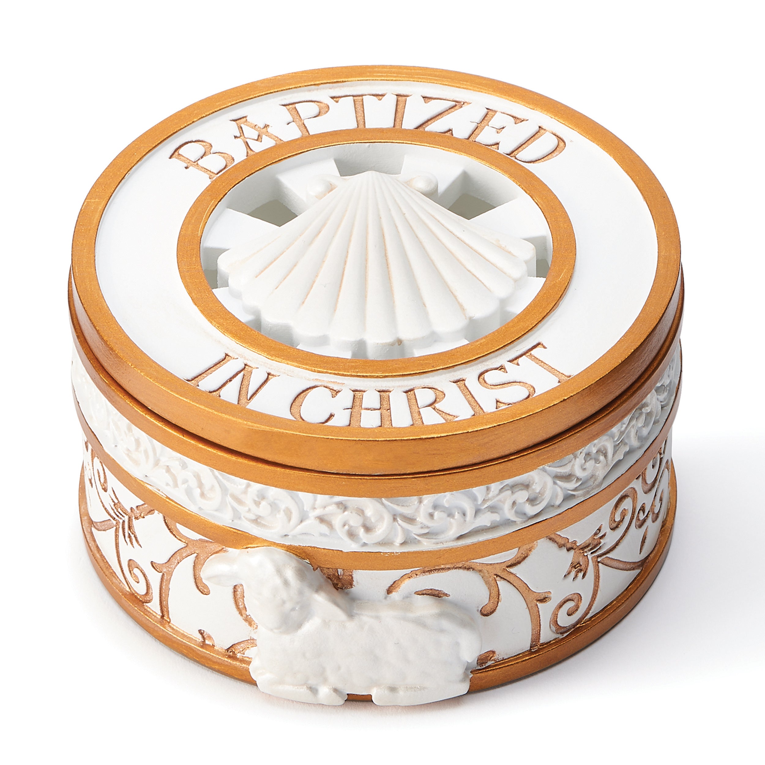 Joseph's Studio Round Baptism Keepsake Box with Sacrament Symbols
