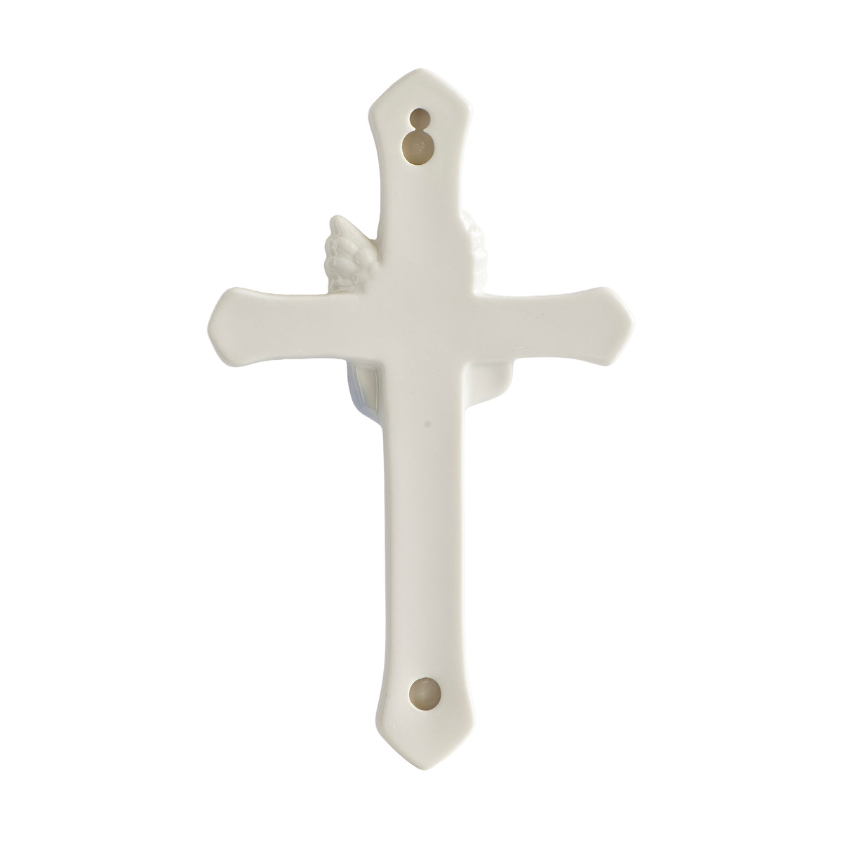 Back view of blue Guardian Angel Wall Cross showing the plain white porcelain cross and hanging hole