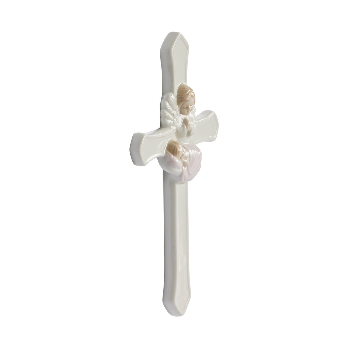 Front angled view of pink Guardian Angel Wall Cross showing the angel watching over the sleeping baby