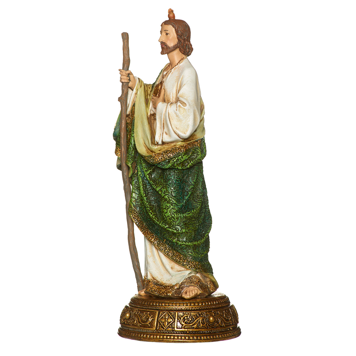 Front angled view of Joseph’s Studio St. Jude Figure showing the staff, green draped robe, cream tunic, medallion, and decorative base