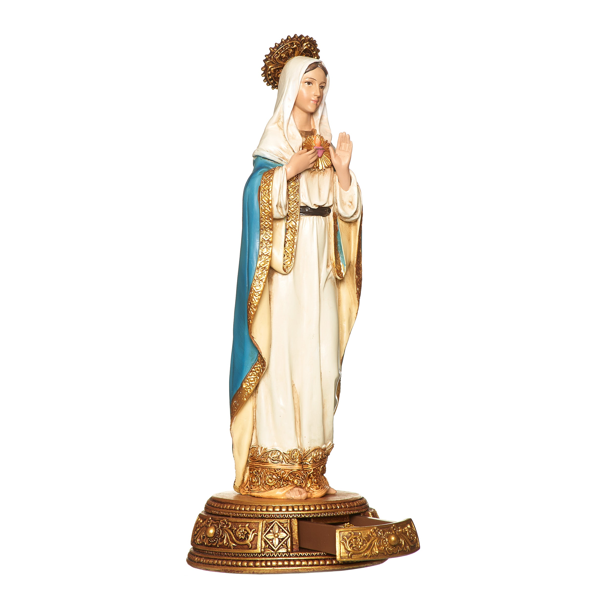 Statue of a religious figure with a blue and gold robe on a white background