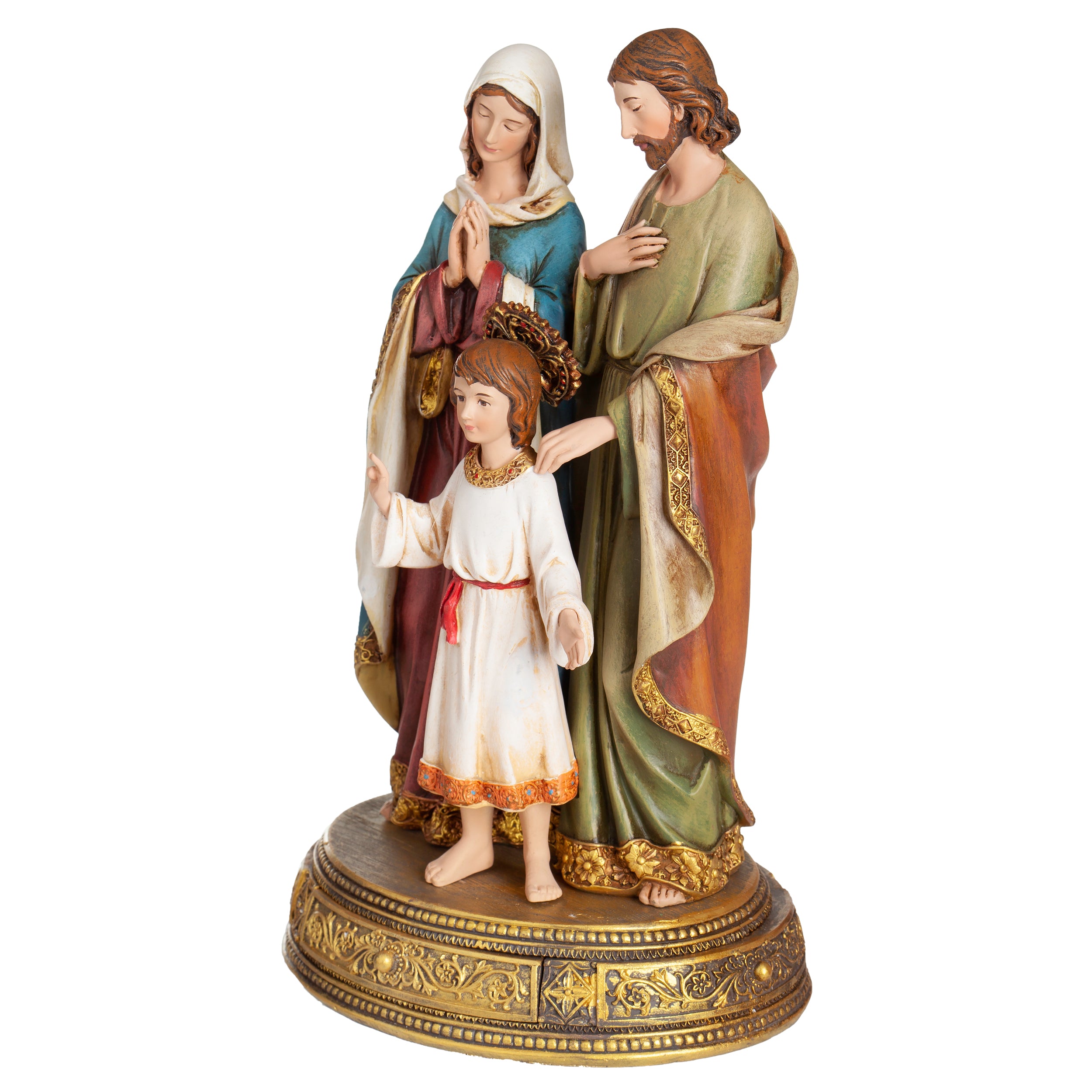 Statue of a family with a child, likely religious in theme, on a white background.