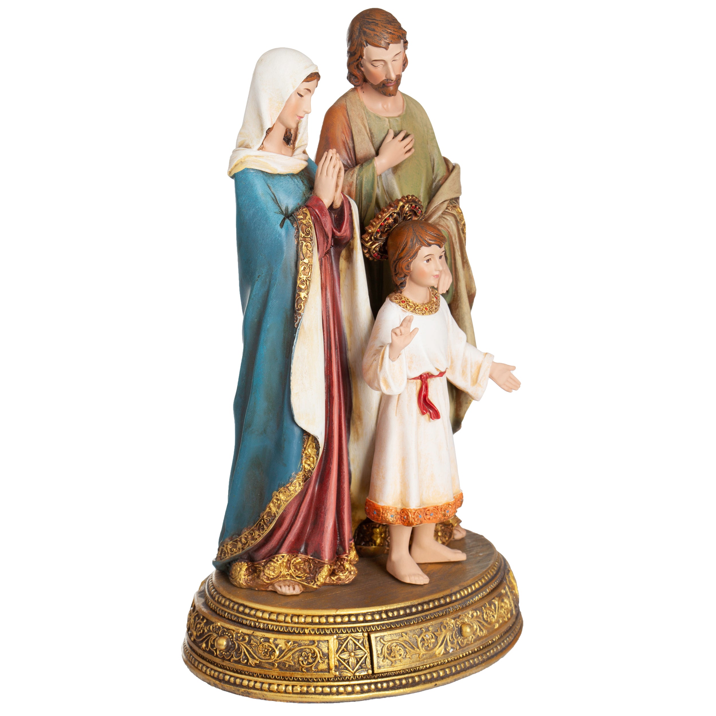 Statue of a religious figure with two children on a white background