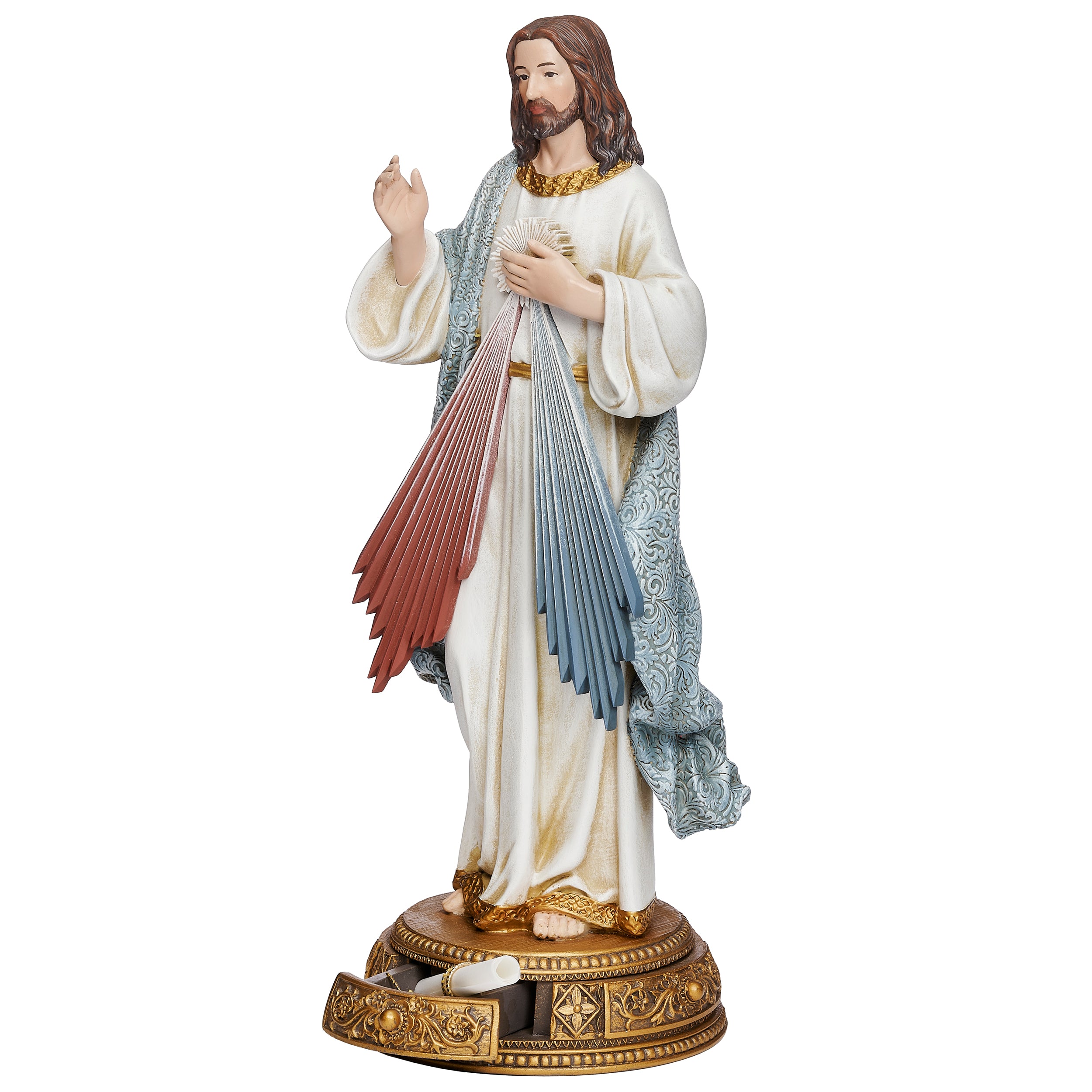 Statue of a religious figure with a white robe and colorful wings on a white background