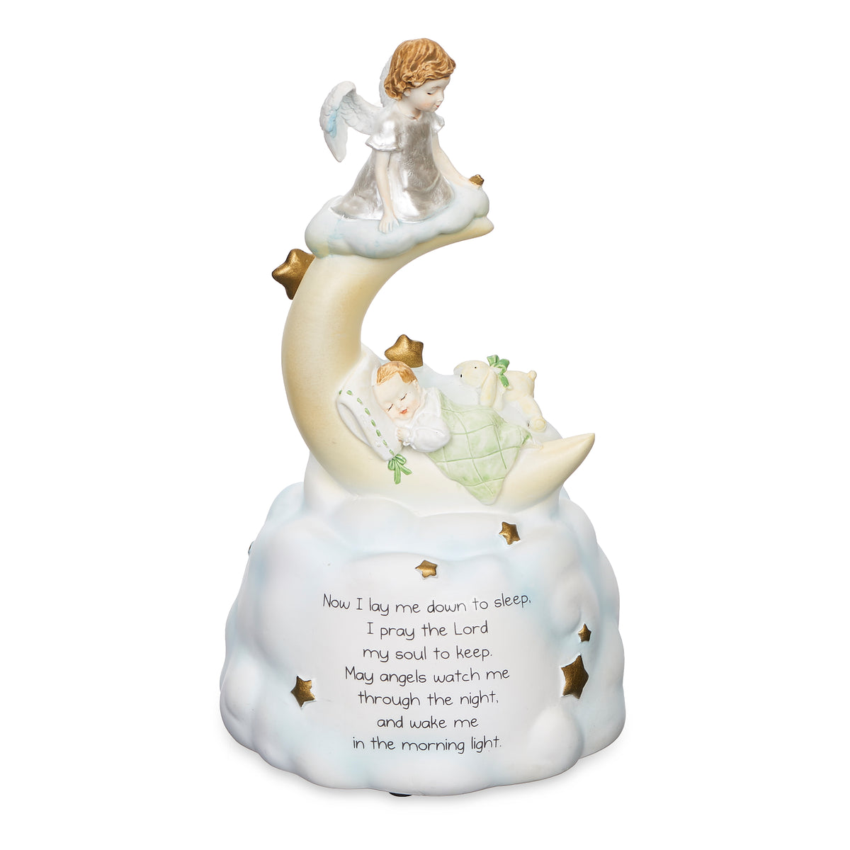 Opposite angled view of Now I Lay Me Down to Sleep Musical Figure showing the angel seated above the crescent moon and sculpted cloud base