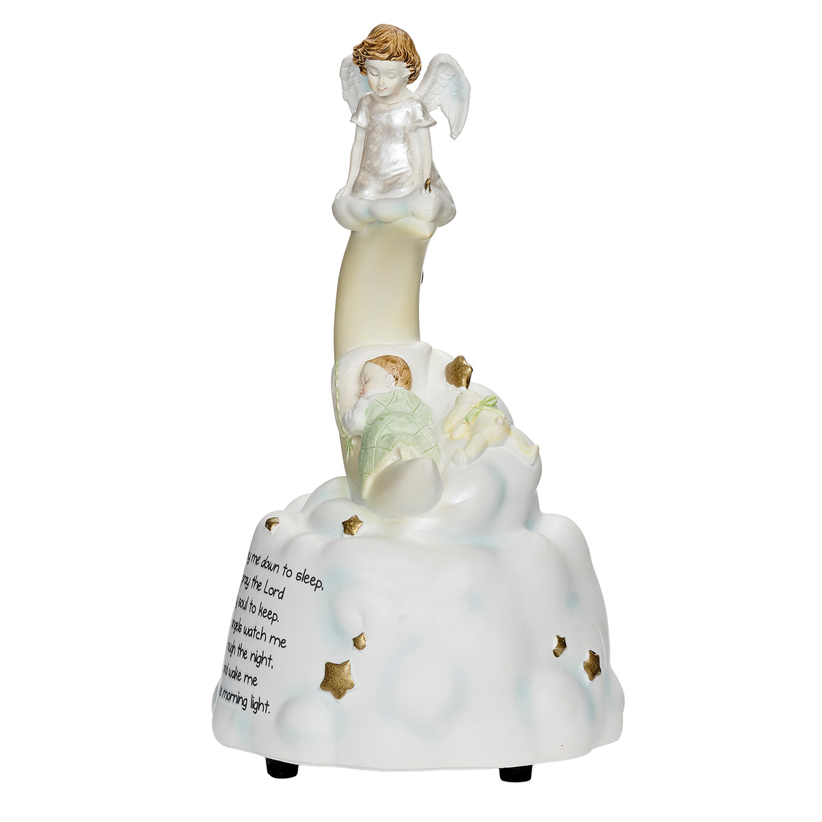 Front angled view of Now I Lay Me Down to Sleep Musical Figure showing the angel, sleeping baby, crescent moon, and bedtime prayer on the base