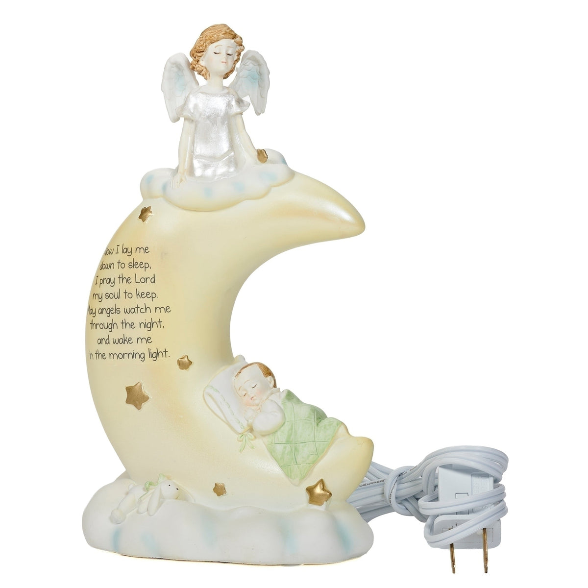 Front view of Now I Lay Me Down to Sleep Moon Night-Light showing the crescent moon, guardian angel, sleeping baby, and prayer message