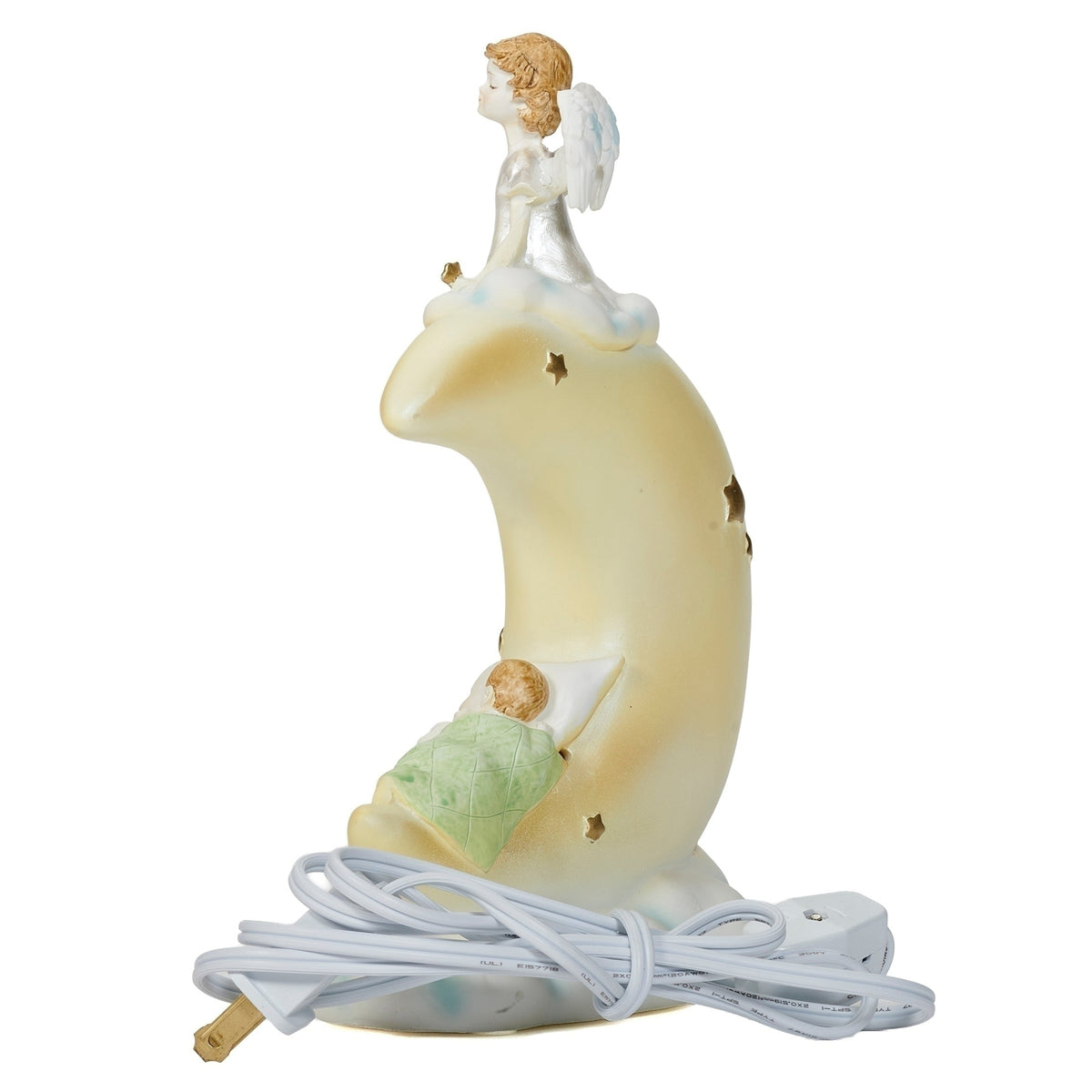Side view of Now I Lay Me Down to Sleep Moon Night-Light showing the sculpted crescent moon, angel figure, and sleeping baby