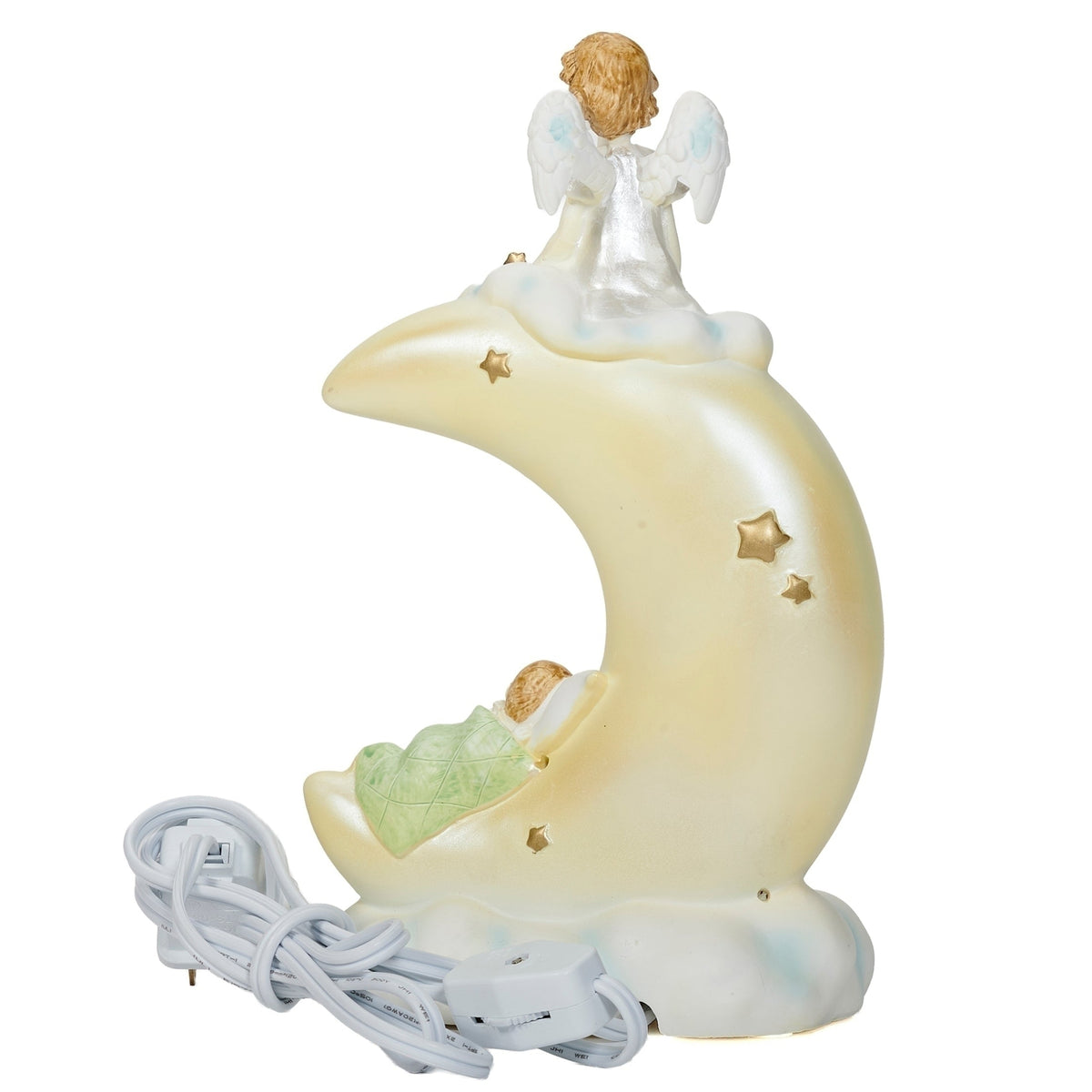 Back view of Now I Lay Me Down to Sleep Moon Night-Light showing the crescent moon shape, star cutouts, and sculpted cloud base