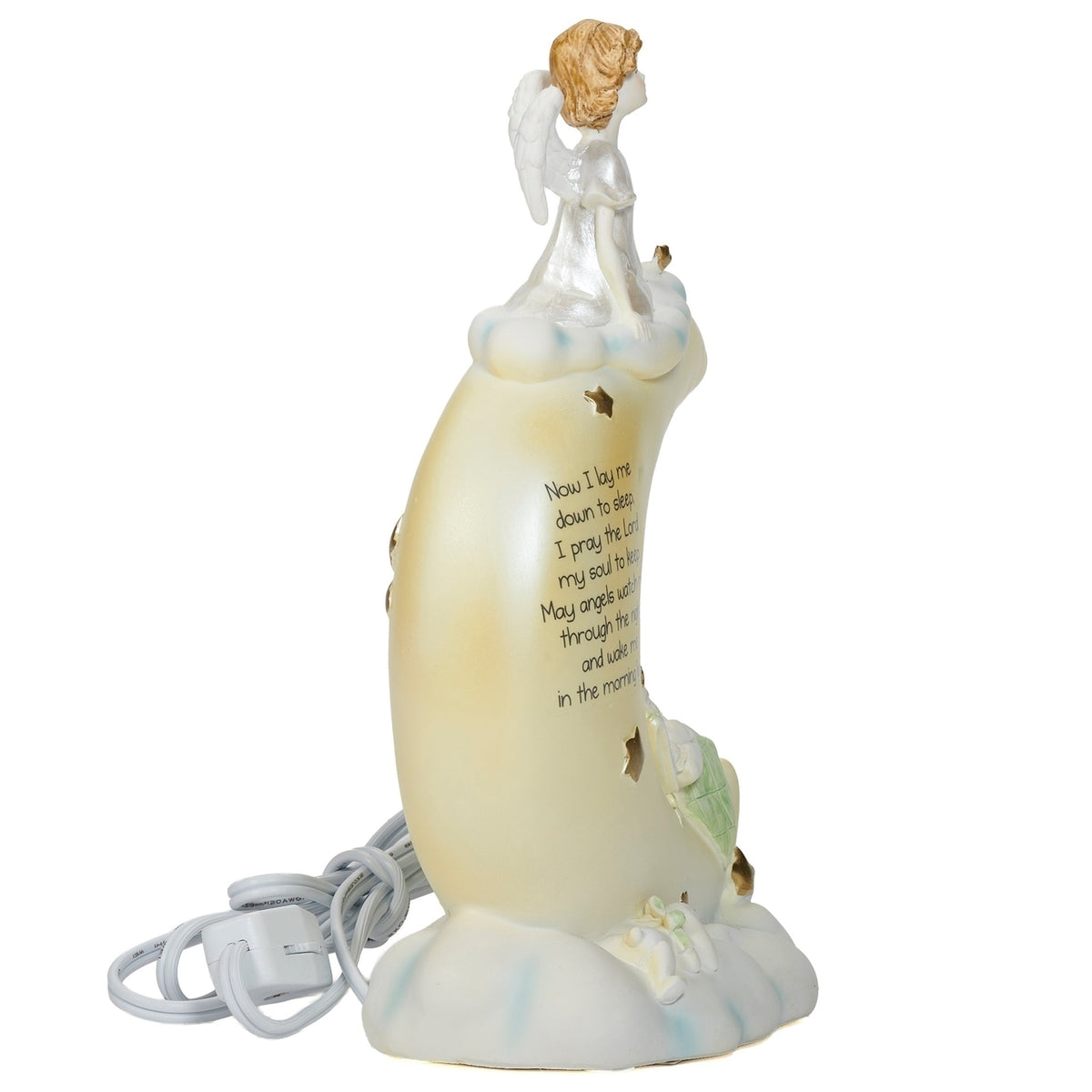 Opposite side view of Now I Lay Me Down to Sleep Moon Night-Light showing the angel above the crescent moon and sleeping baby at the base