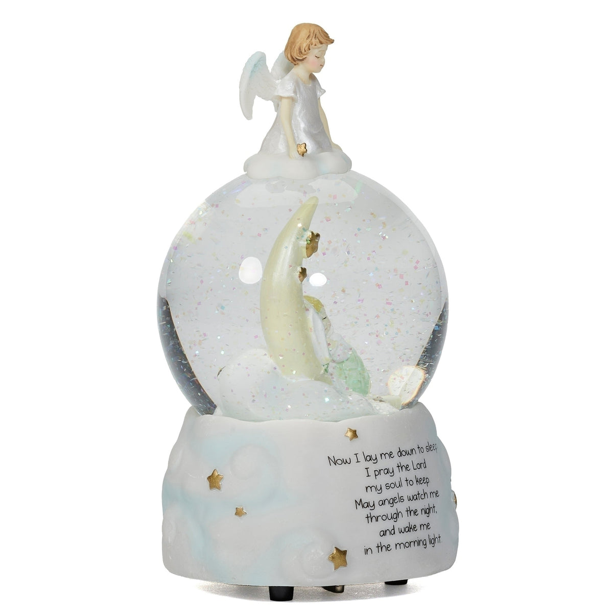 Opposite side view of Glitterdome Bedtime Prayer Musical showing the guardian angel above the crescent moon and sleeping baby inside the globe