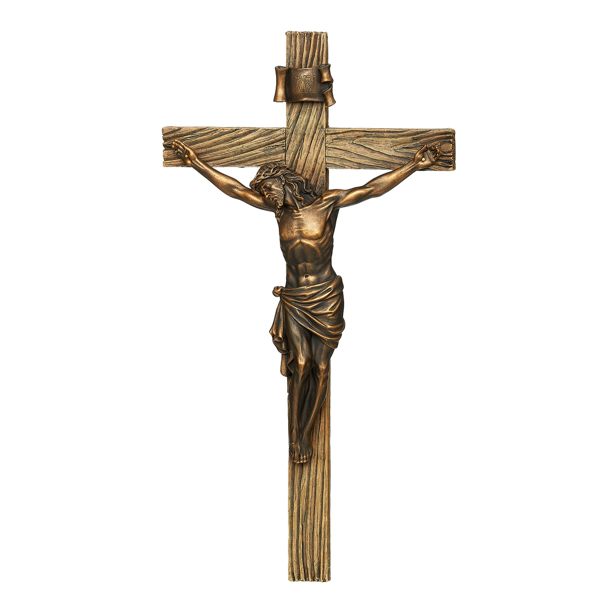 Front view of Joseph's Studio Antique Gold Crucifix showing Christ on the cross with distressed gold detailing