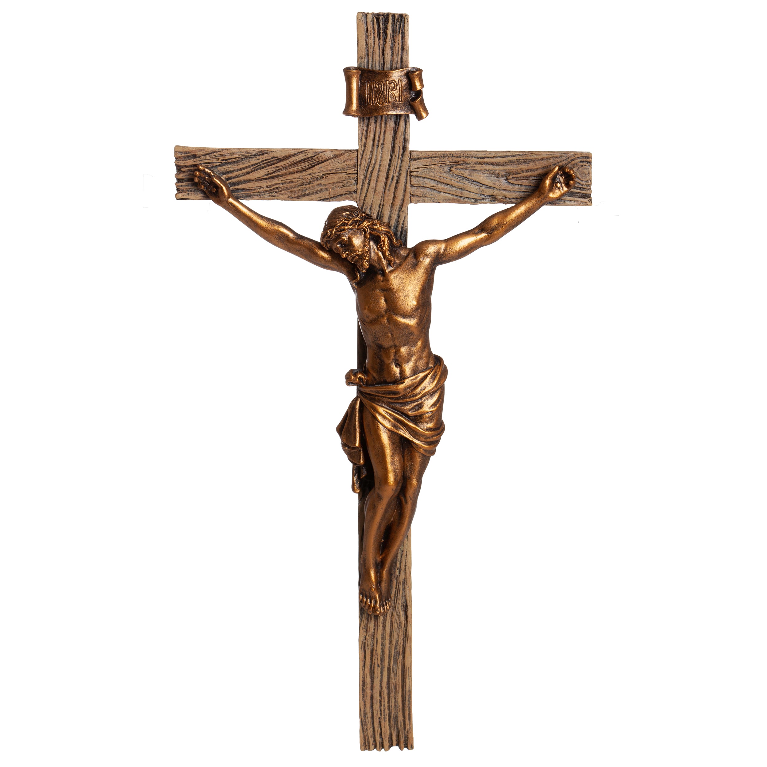 Bronze statue of a crucified figure on a wooden cross against a white background