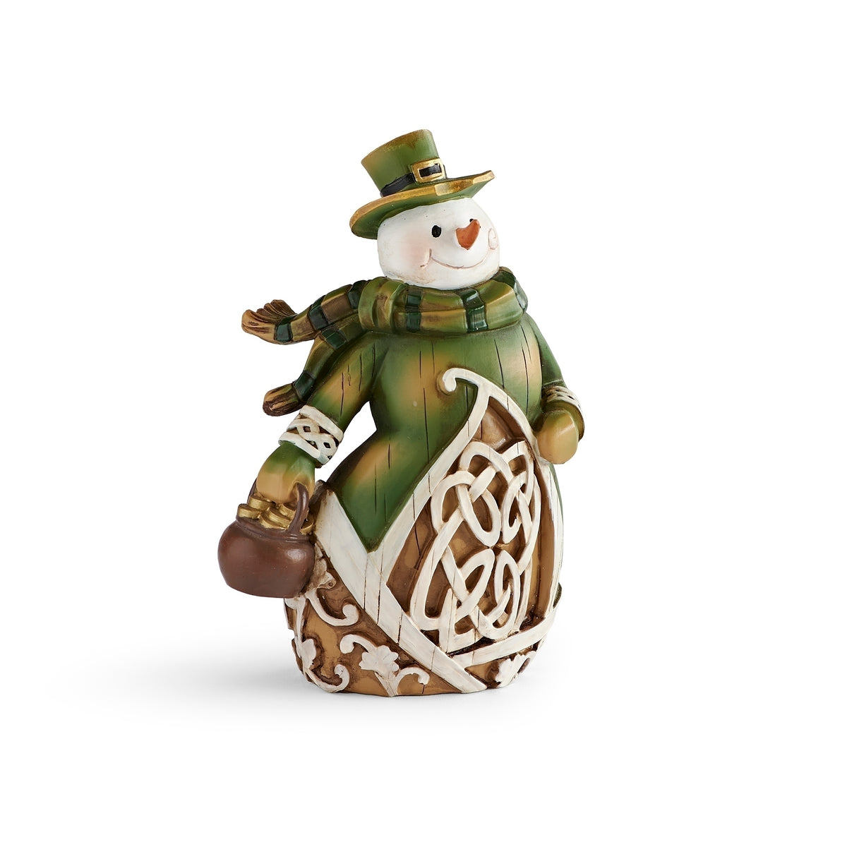 Opposite side view of Irish Snowman Figure showing the Celtic knot pattern, green clothing, and pot of gold