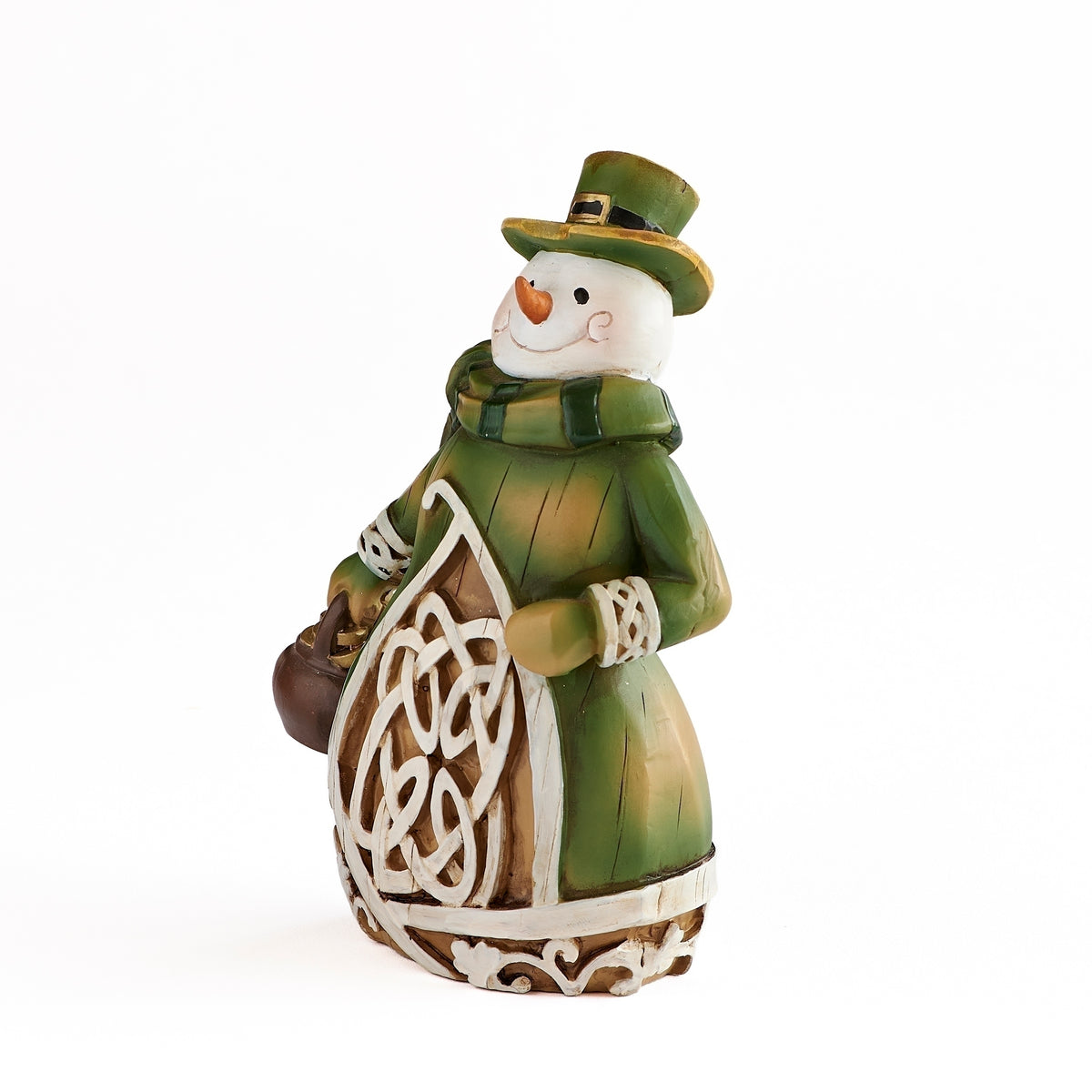 Front angled view of Irish Snowman Figure showing the green hat, scarf, Celtic design, and pot of gold