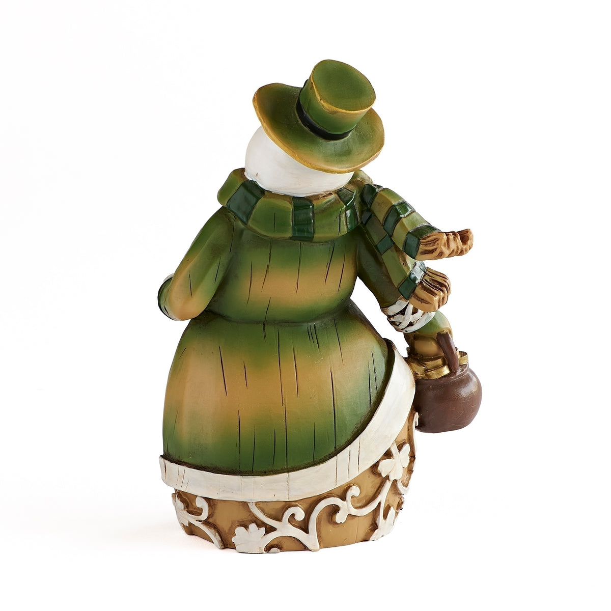 Back view of Irish Snowman Figure showing the green coat, scarf, and sculpted pot of gold
