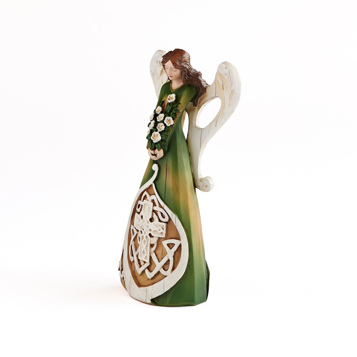 Front angled view of Irish Angel Figure showing the green gown, floral bouquet, white wings, and Celtic design