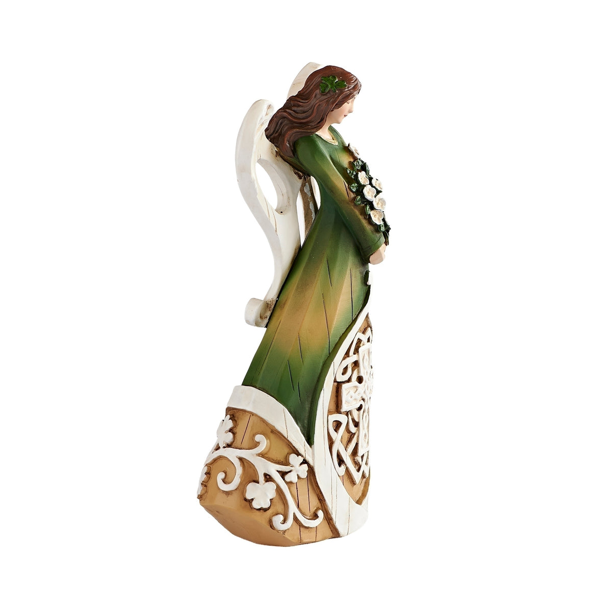 Side view of Irish Angel Figure showing the floral bouquet, green gown, and detailed Celtic accents