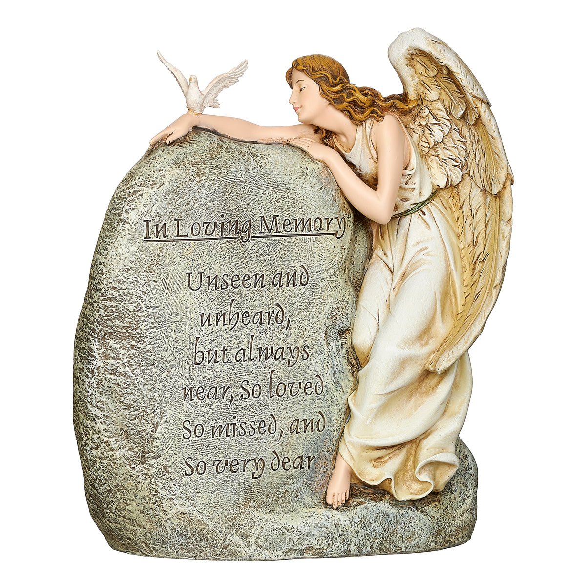 Front angled view of Joseph's Studio Memorial Angel Garden Stone showing the angel, dove, sculpted wings, and engraved remembrance message