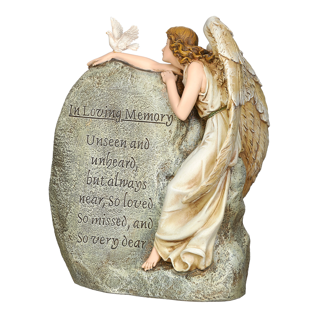 Front view of Joseph's Studio Memorial Angel Garden Stone showing the angel beside the memorial stone with the "In Loving Memory" inscription